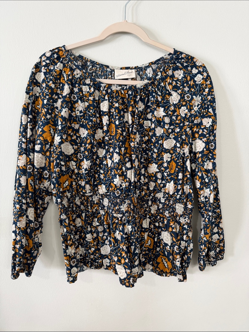 Universal Thread Navy Floral Smocked-Waist Blouse